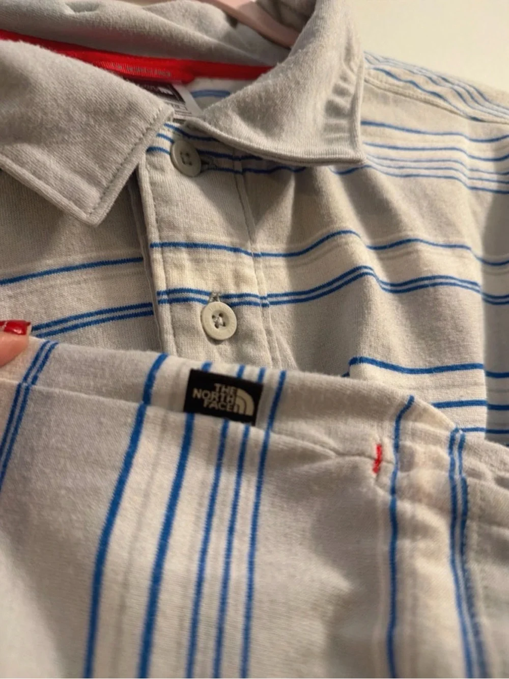 The North Face Men's Light Gray Polo with Blue Stripes